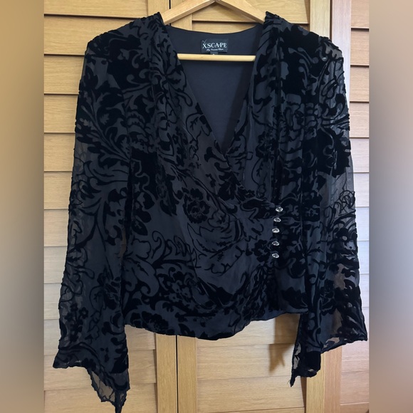 Xscape by Joanna Chen Tops - Burnout Black Floral Velvet Cross Body L/S Blouse Jkt Romantic Gothic Victorian